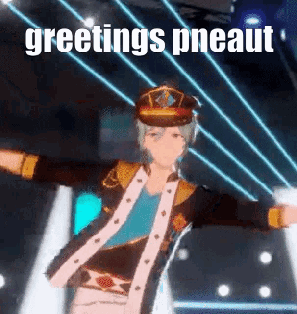 a cartoon character is standing on a stage with his arms outstretched and the words greetings pneaut written above him .