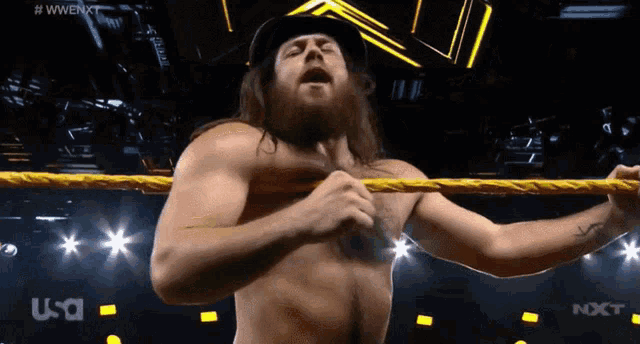 a shirtless bearded wrestler in a wrestling ring with a usa logo in the corner