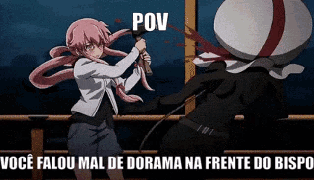 a girl with pink hair is holding a sword in front of a man with blood coming out of his mouth