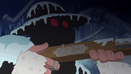 a cartoon drawing of a person holding a piece of wood with a sticker on it