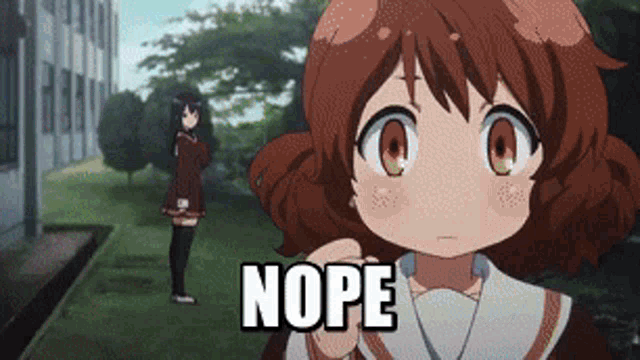 a girl in a school uniform says nope in front of her