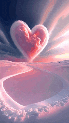 a heart shaped cloud in the sky above a snowy field