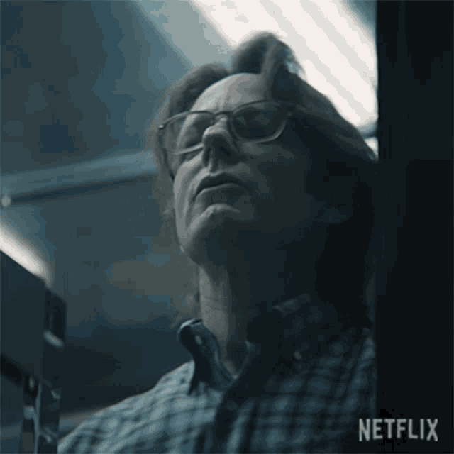 a man wearing glasses and a plaid shirt has a netflix logo above his head
