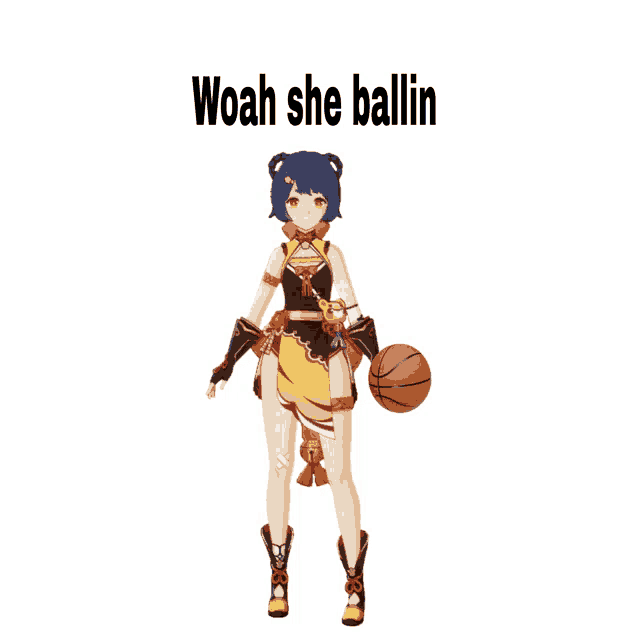 a cartoon character with a basketball and the words woah she ballin above her