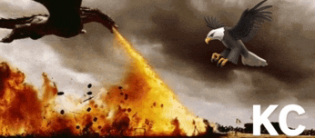 a picture of an eagle flying over a fire with kc written below it