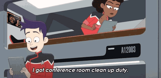 a cartoon of a man holding a tablet and saying i got conference room clean up duty