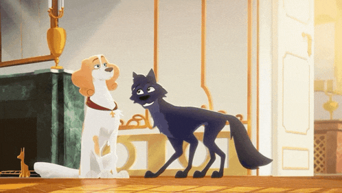 a dog and a cat are standing next to each other in front of a fireplace