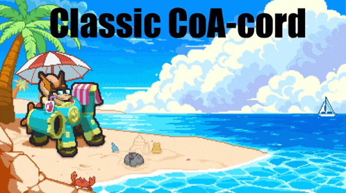 a pixel art illustration of a beach with the words classic coa-cord below it