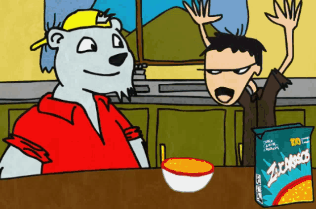 a cartoon drawing of a polar bear and a boy with a bag of zuchinni cereal