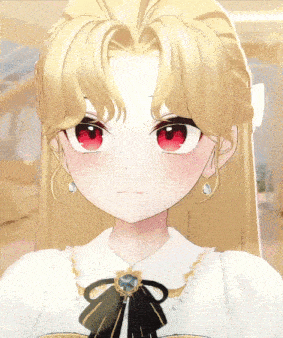 a girl with blonde hair and red eyes is wearing earrings