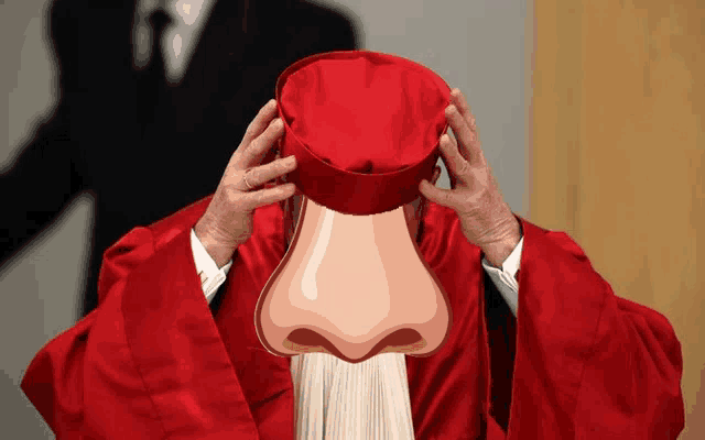 a man in a red robe has a big nose in front of his head