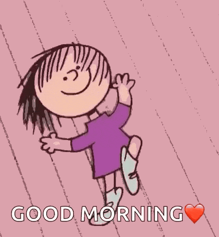a cartoon girl in a purple dress is jumping in the air with the words good morning .