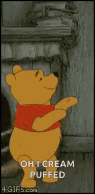 a cartoon of winnie the pooh standing in front of a fireplace with the caption oh i cream puffed