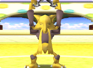 a yellow and purple cartoon character is standing on a field with its eyes closed