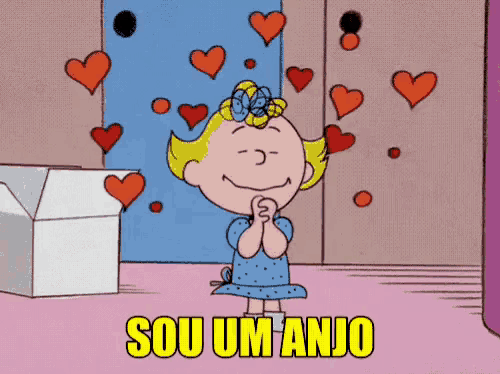 a girl in a blue dress is surrounded by hearts and the words sou um anjo