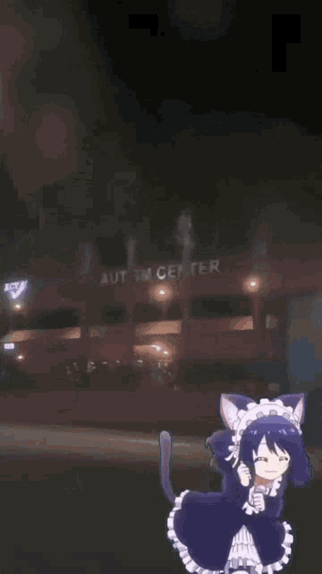 a girl in a maid outfit is dancing in front of a building that says autism center