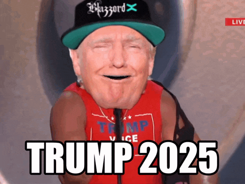 a man wearing a hat that says blizzard and a red shirt that says trump 2025