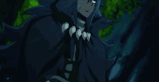 a blue haired anime character with white eyes and a black cape
