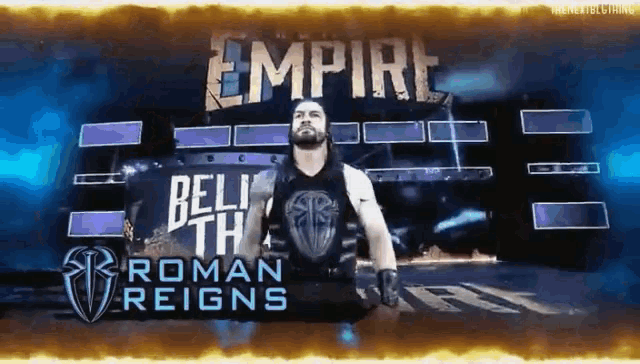 roman reigns is standing in front of a sign that says empire on it