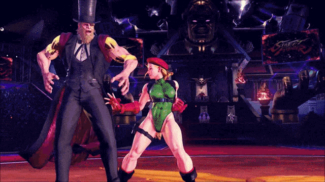 a man in a top hat stands next to a woman in a green swimsuit
