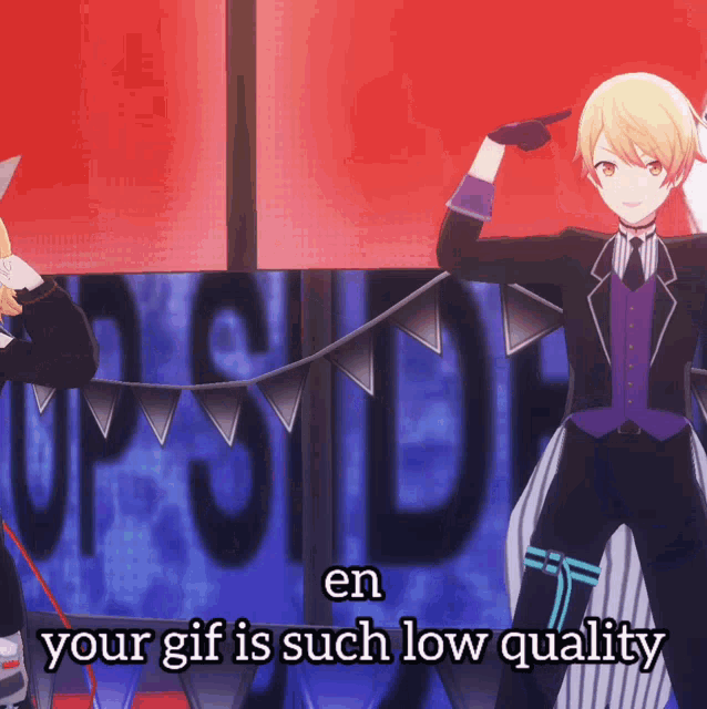a cartoon character with the words en your gif is such low quality on the bottom
