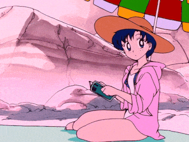 a girl in a straw hat sits under an umbrella