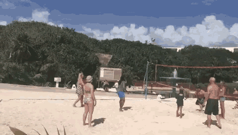 a group of people are playing volleyball on a beach on a sunny day .