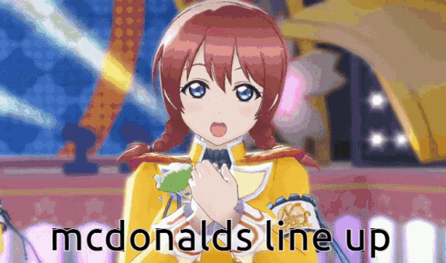 a picture of a girl with the words mcdonald 's line up below her