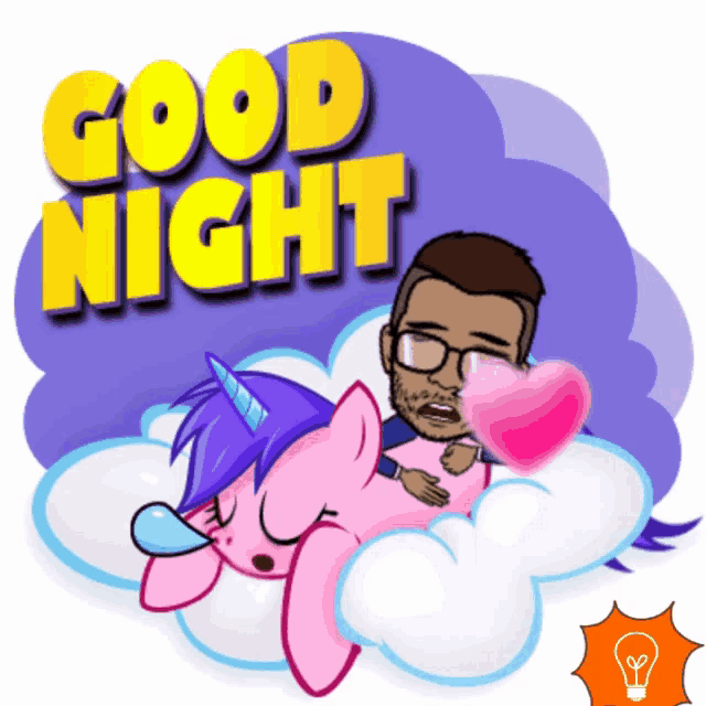 a cartoon of a man hugging a pink unicorn with the words " good night " written above it