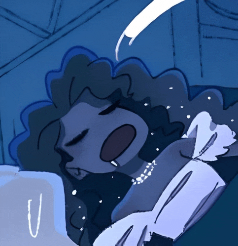 a cartoon drawing of a woman sleeping with the letter u visible in the corner
