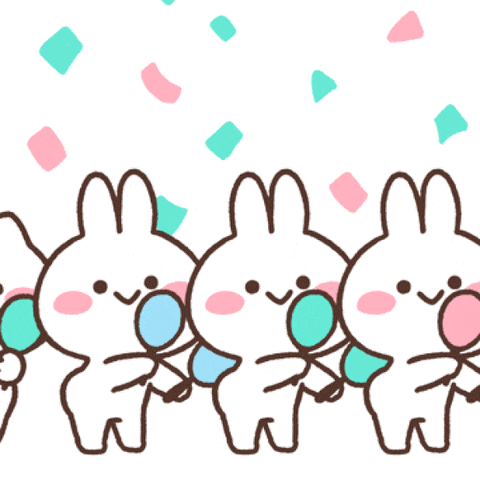 a group of rabbits are holding balloons in a line