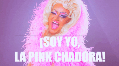 a drag queen is wearing a pink feathered costume and says la pink chadora