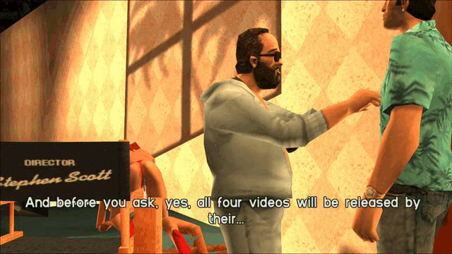 a video game scene with the director stephen scott talking