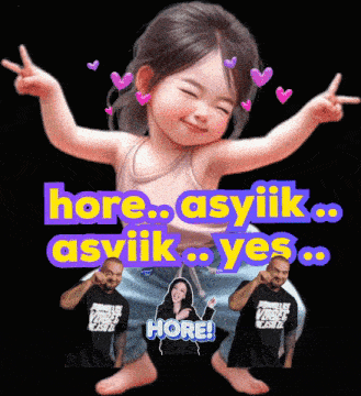 a little girl is giving a peace sign in front of a sign that says " hor "