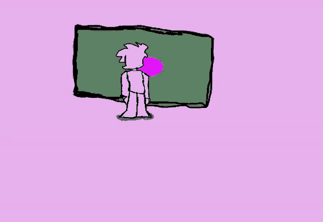 a drawing of a man standing in front of a large screen with a green circle on it .