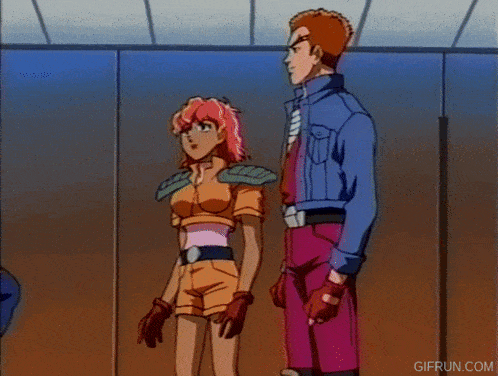 a group of cartoon characters standing next to each other with gifrun.com written on the bottom