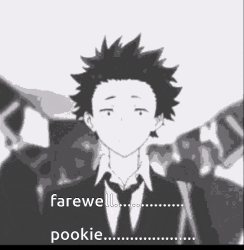 a black and white drawing of a boy in a suit and tie with the words farewell pookie .