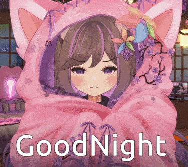 a girl wrapped in a pink blanket with the words goodnight written below her