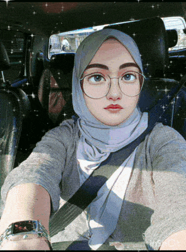 a woman wearing a hijab and glasses is taking a selfie