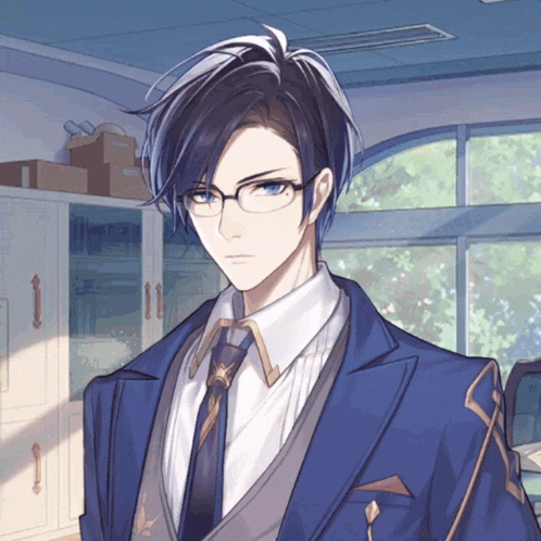 a man wearing glasses and a suit stands in a room