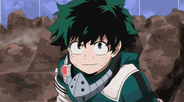 a green haired anime character with a mask on his neck