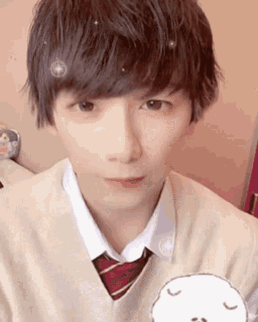 a young man wearing a white shirt and tie is looking at the camera .