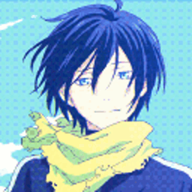 a boy with blue hair is wearing a scarf around his neck .
