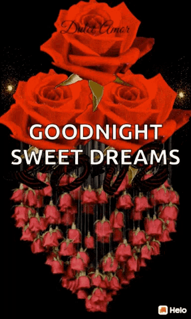 a goodnight sweet dreams greeting card with red roses and red flowers