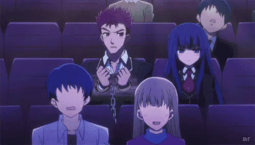 a group of anime characters are sitting in a dark room with their faces covered