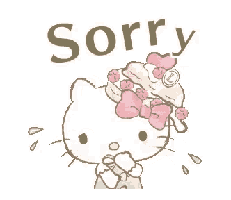 hello kitty is wearing a hat with a cupcake on top of it and says sorry .