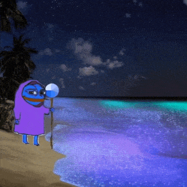 a cartoon character standing on a beach with a cane