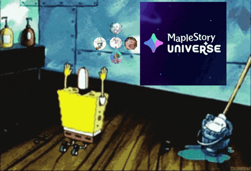 a cartoon of spongebob standing next to a mop and a maplestory universe logo