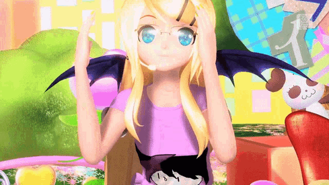 a girl with a purple shirt that says ' i ' on it
