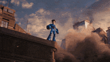 a cartoon character standing on top of a building with smoke coming out of the building